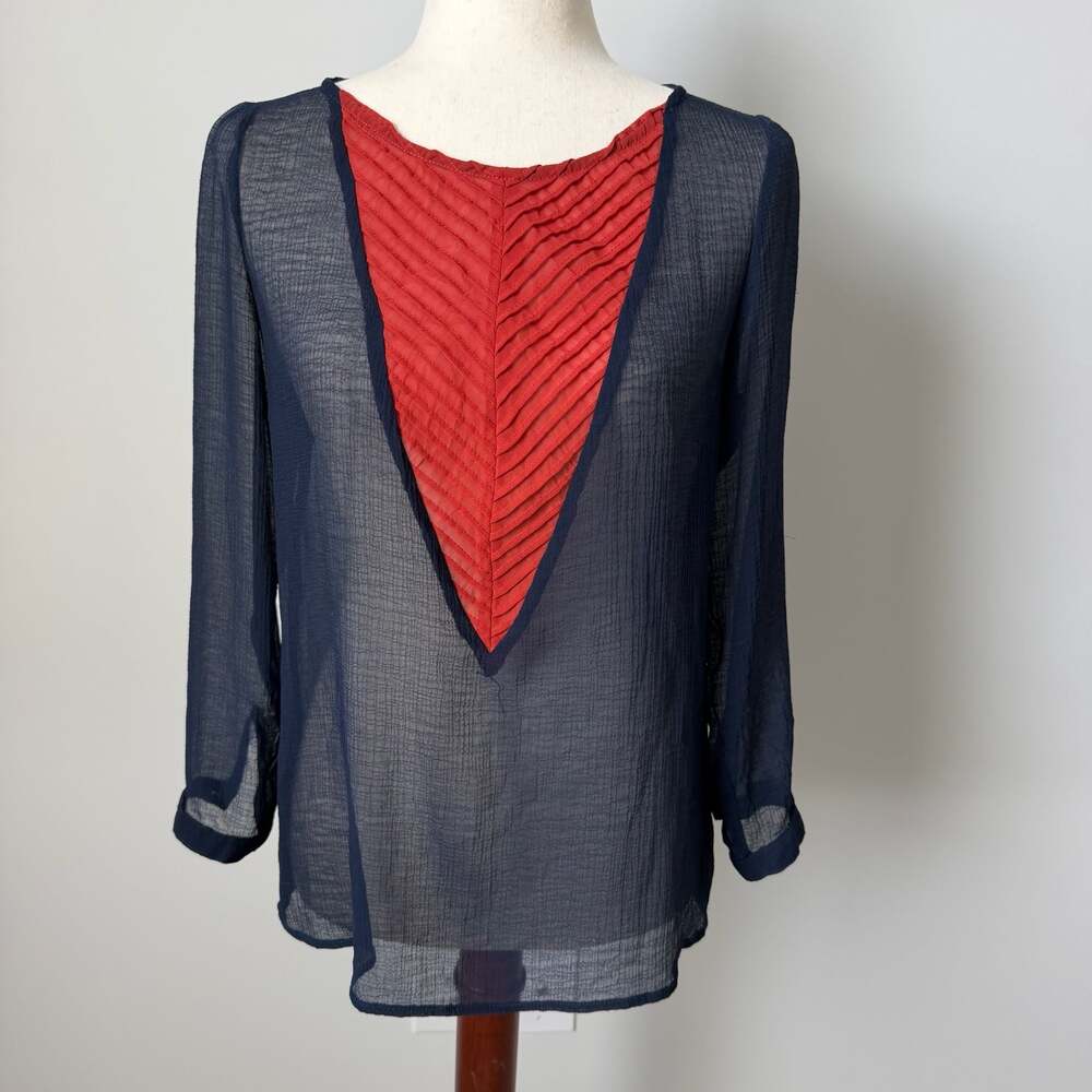 fab'rik Blue and Red Sheer Long Sleeve Blouse